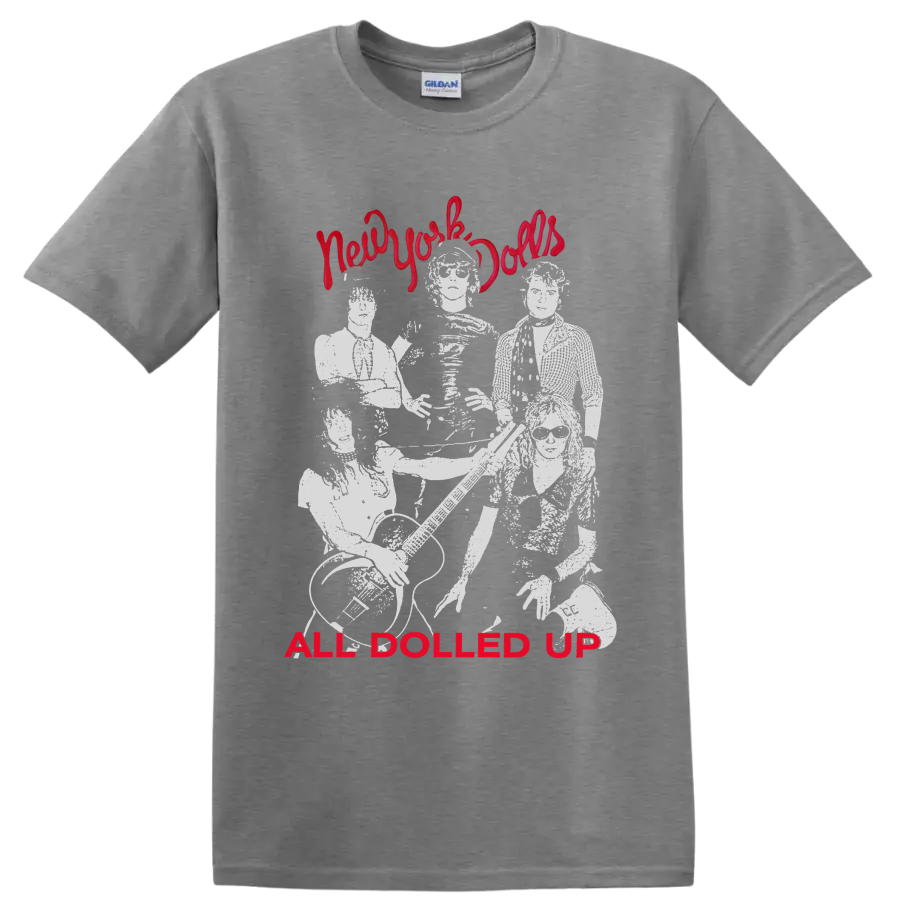 New York Dolls punk rock band portrait with All Dolled Up text on a Sport Grey T Shirt