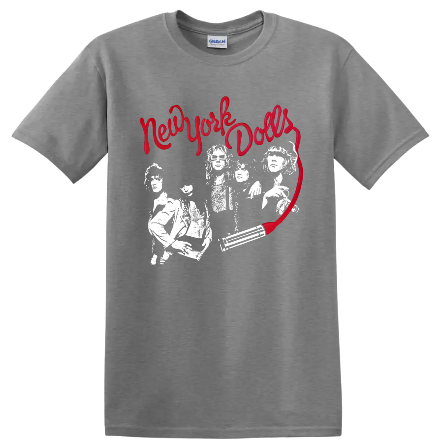 New York Dolls punk rock graphic with red script and white performers on a Sport Grey T Shirt