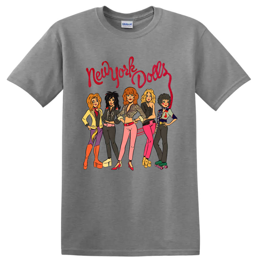 New York Dolls illustrated punk rock band graphic with red script lettering on a Sport Grey T Shirt