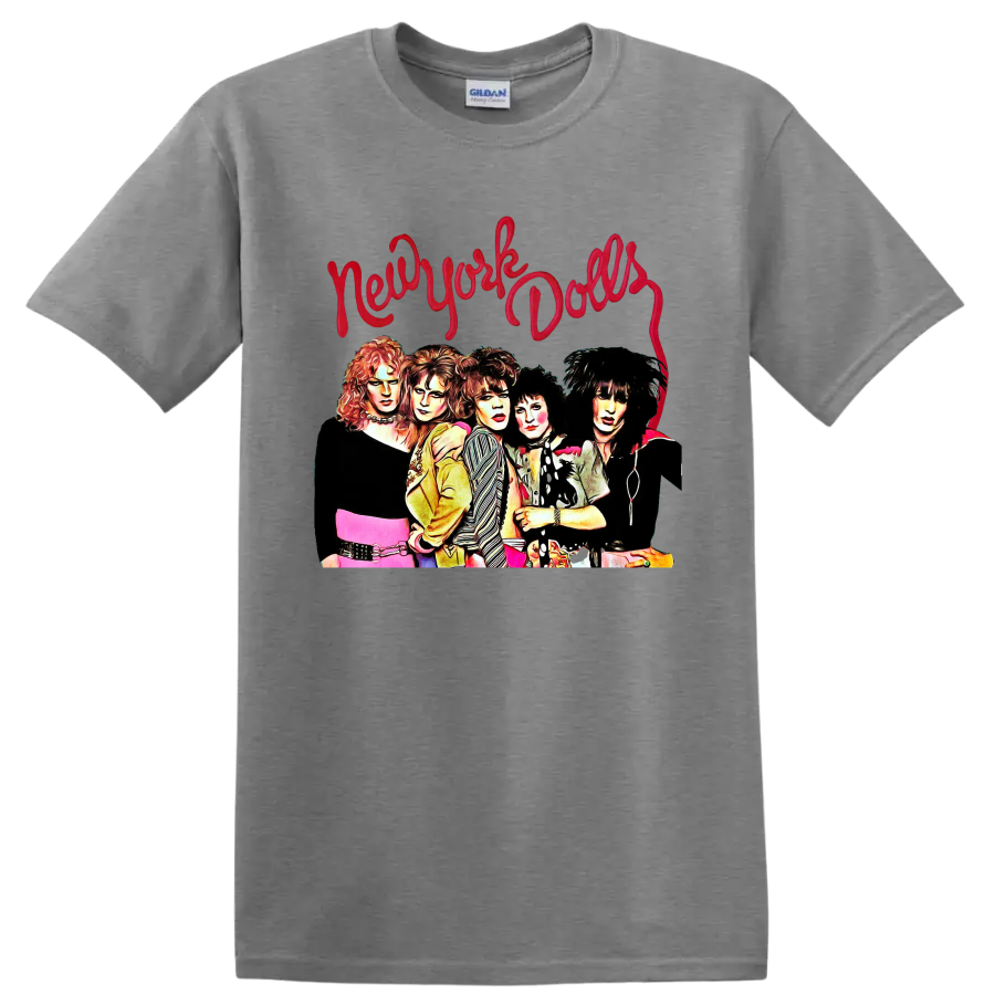 New York Dolls punk rock group portrait with red script lettering on a Sport Grey T Shirt