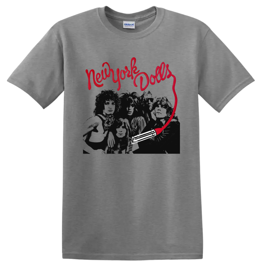 New York Dolls red script punk rock graphic with dark band portrait on a Sport Grey T Shirt