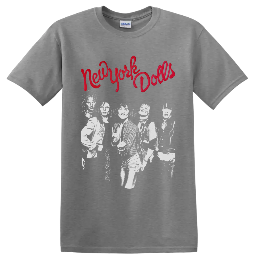 New York Dolls distressed punk rock band graphic with red script lettering on a Sport Grey T Shirt