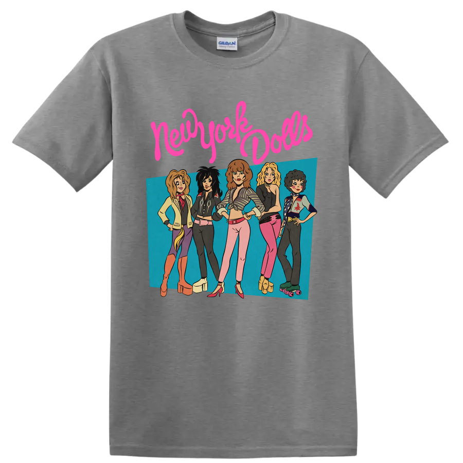 New York Dolls punk rock band graphic with five performers and pink lettering on a Sport Grey T Shirt