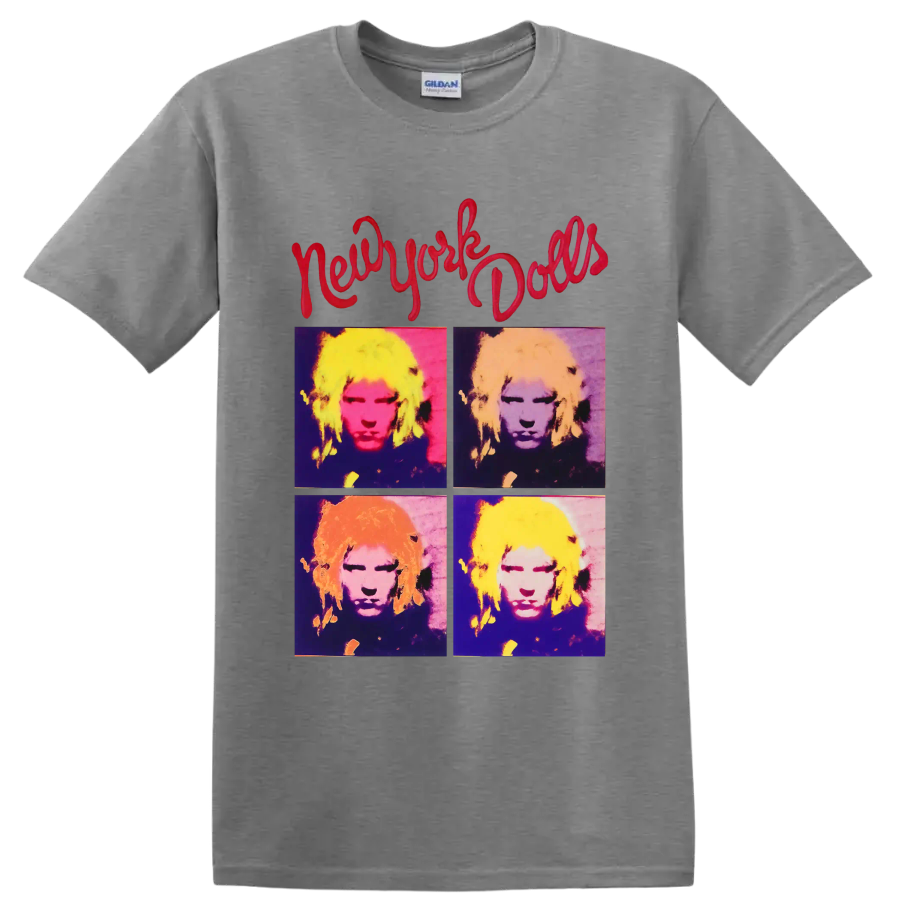 New York Dolls four-panel pop art portrait with red script lettering on a Sport Grey T Shirt
