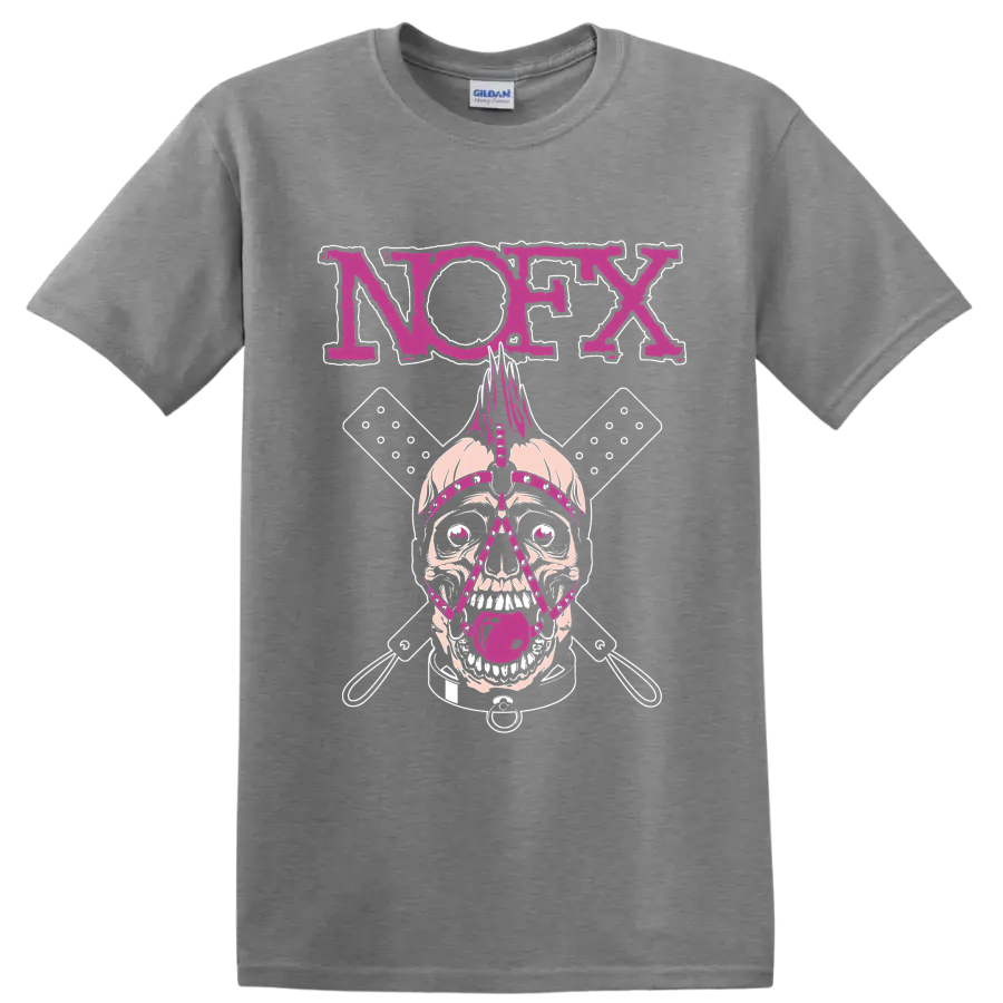 NOFX punk rock skull graphic with magenta lettering and crossed elements on a Sport Grey T Shirt