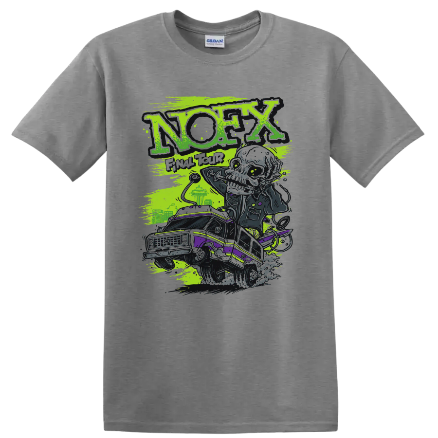 NOFX punk rock lowrider graphic with distressed neon green and purple artwork on a Sport Grey T Shirt
