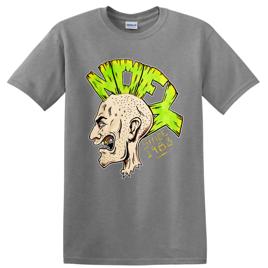 NOFX punk rock illustrated head with bright green mohawk and yellow lettering on a Sport Grey T Shirt