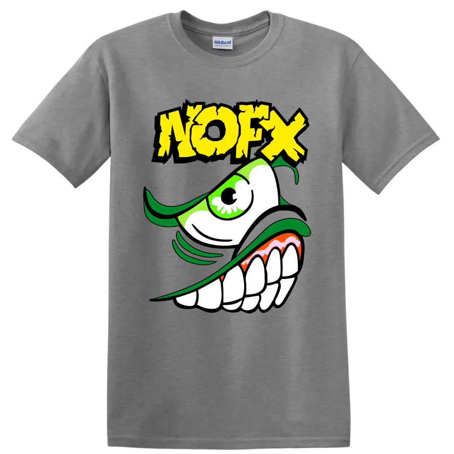 NOFX green monster punk rock graphic with distressed yellow lettering on a Sport Grey T Shirt
