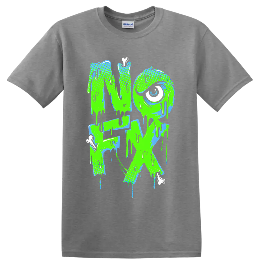 NOFX dripping punk rock band logo in neon green and blue on a Sport Grey T Shirt