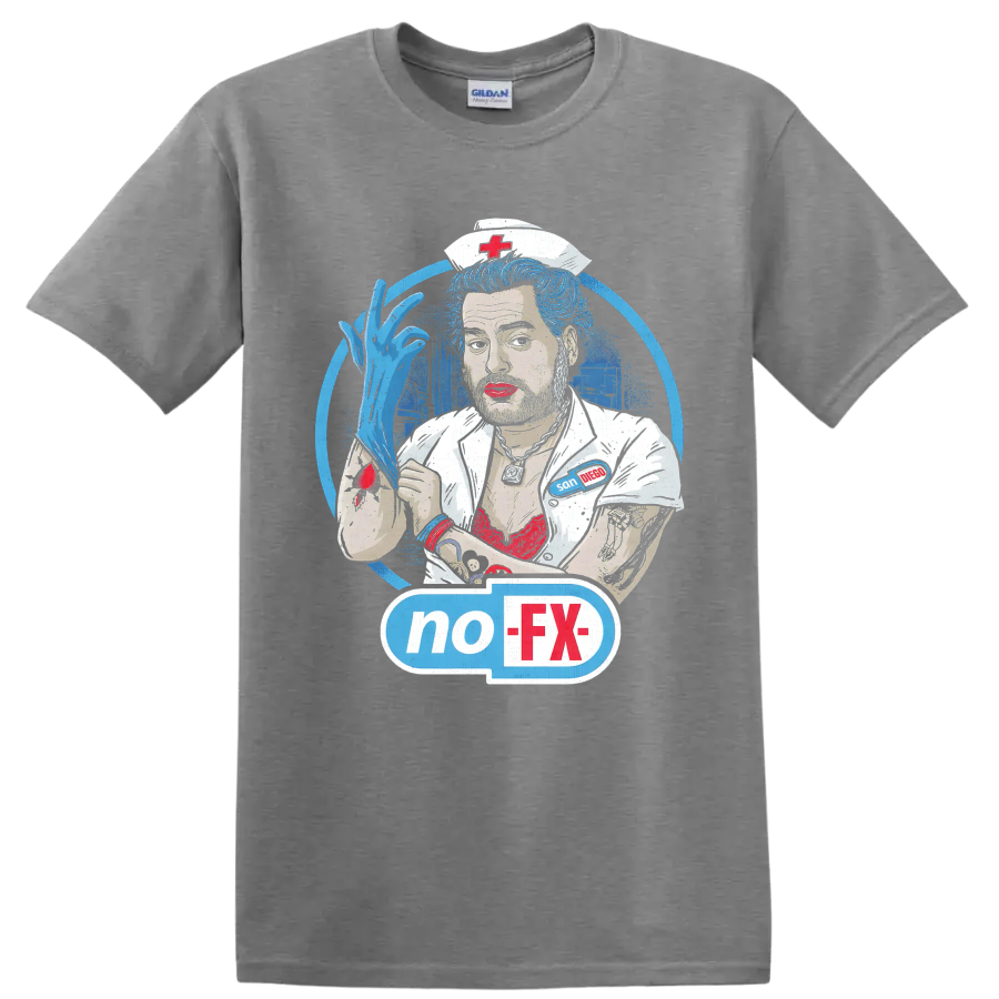 NOFX punk rock nurse illustration with blue hair and no-FX graphic on a Sport Grey T Shirt
