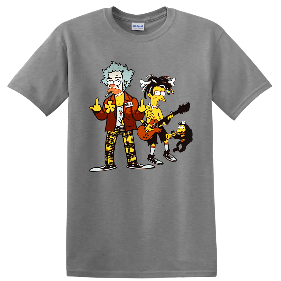 NOFX cartoon punk rock band with guitar and saxophone graphic on a Sport Grey T Shirt