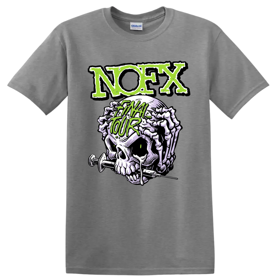 NOFX punk rock skull graphic with distressed green lettering on a Sport Grey T Shirt