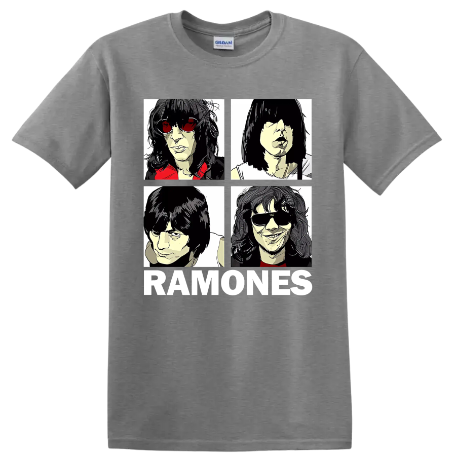 Ramones four-panel punk rock portraits with RAMONES lettering on a Sport Grey T Shirt