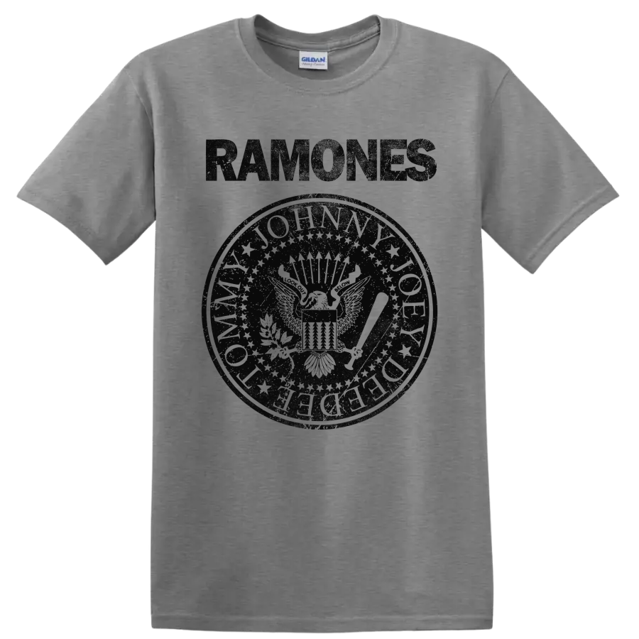 Ramones eagle seal graphic with vintage punk rock lettering on a Sport Grey T Shirt