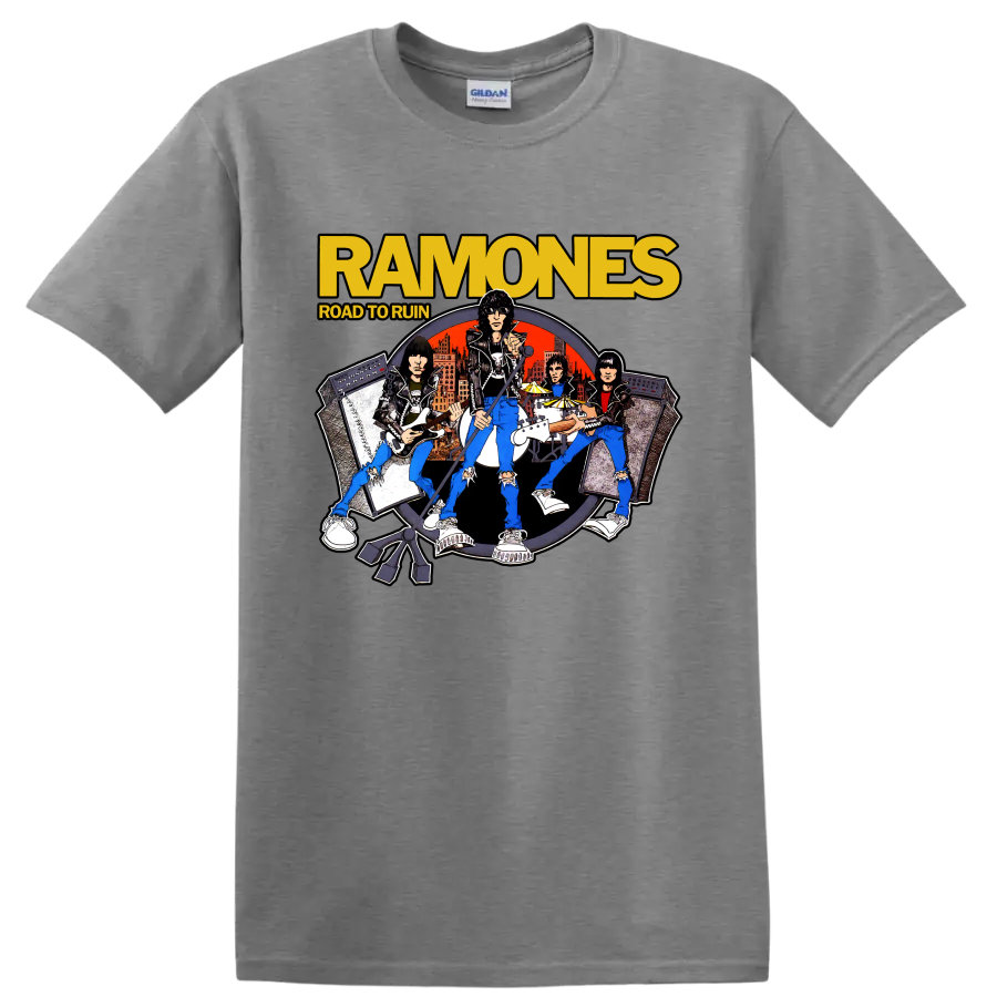 Ramones Road to Ruin illustrated punk rock band graphic print on a Sport Grey T Shirt