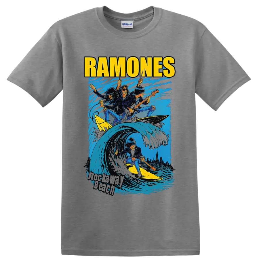 Ramones punk rock band surfing wave graphic with guitars on a Sport Grey T Shirt