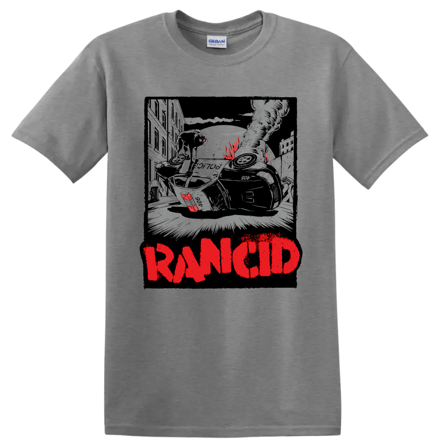 Rancid distressed punk rock graphic with urban wreckage and bold red lettering on a Sport Grey T Shirt