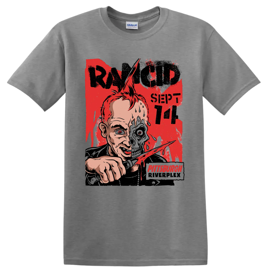 Rancid punk rock distressed half-skull artwork with Pittsburgh lettering on a Sport Grey T Shirt