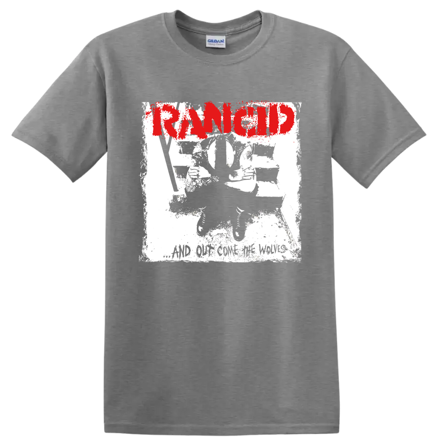 Distressed red Rancid logo with black and white punk artwork on a Sport Grey T Shirt