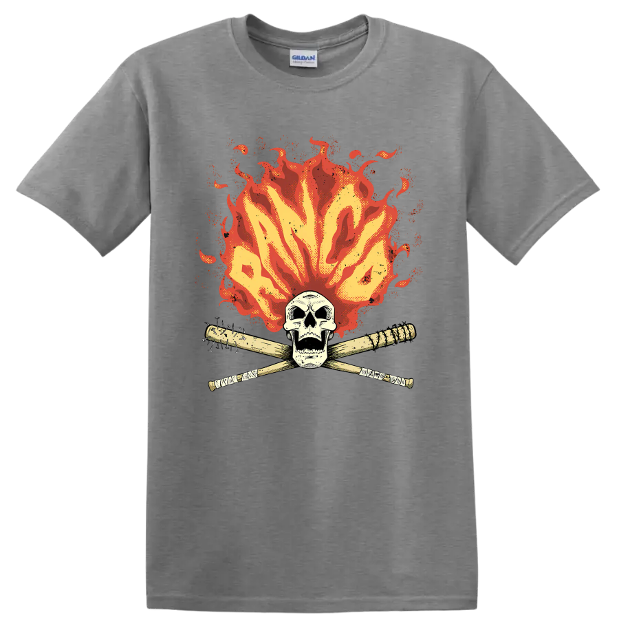 Rancid punk rock skull with crossed bats and distressed flames on a Sport Grey T Shirt