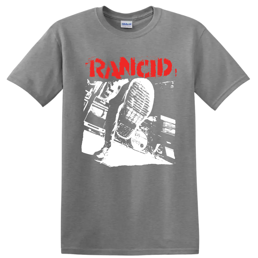 Rancid distressed red logo with bold monochrome punk rock artwork on a Sport Grey T Shirt