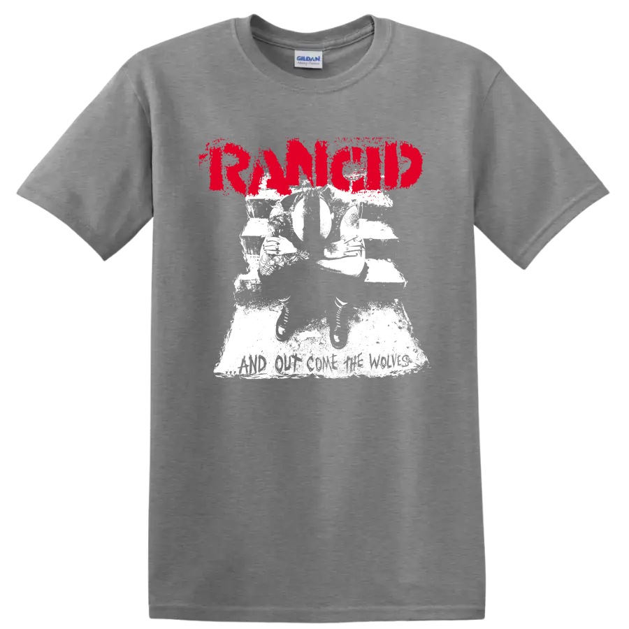 Rancid punk rock graphic with distressed red lettering and white illustration on a Sport Grey T Shirt