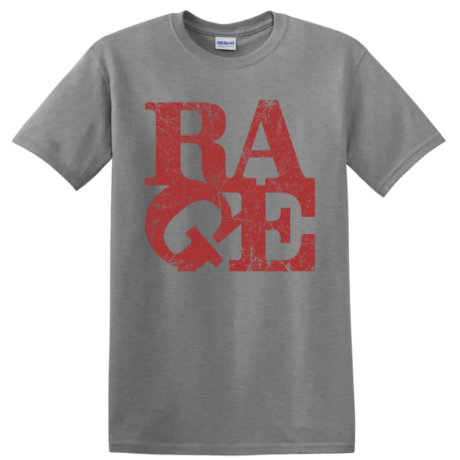 Distressed red RATM logo graphic print on a Sport Grey T Shirt
