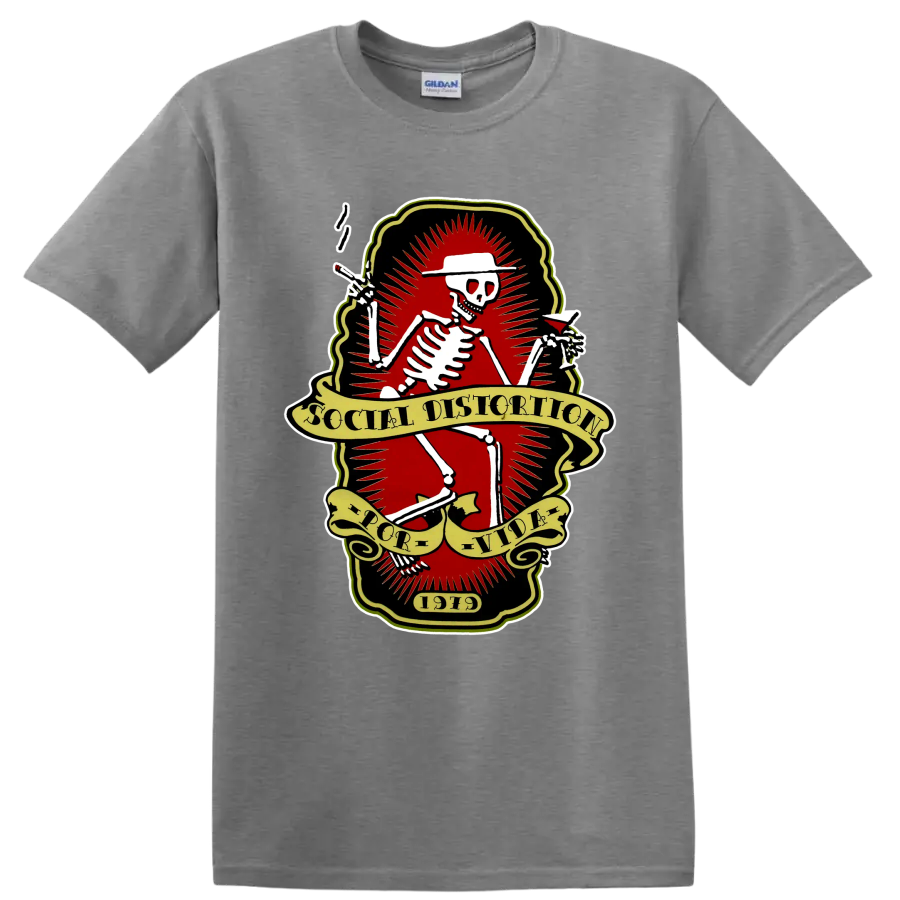Social Distortion skeleton punk rock band logo with vintage banners on a Sport Grey T Shirt