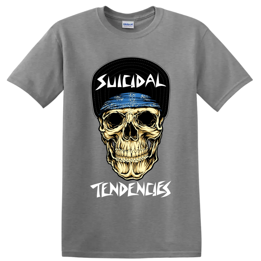 Suicidal Tendencies skull graphic with blue bandana and bold lettering on a Sport Grey T Shirt
