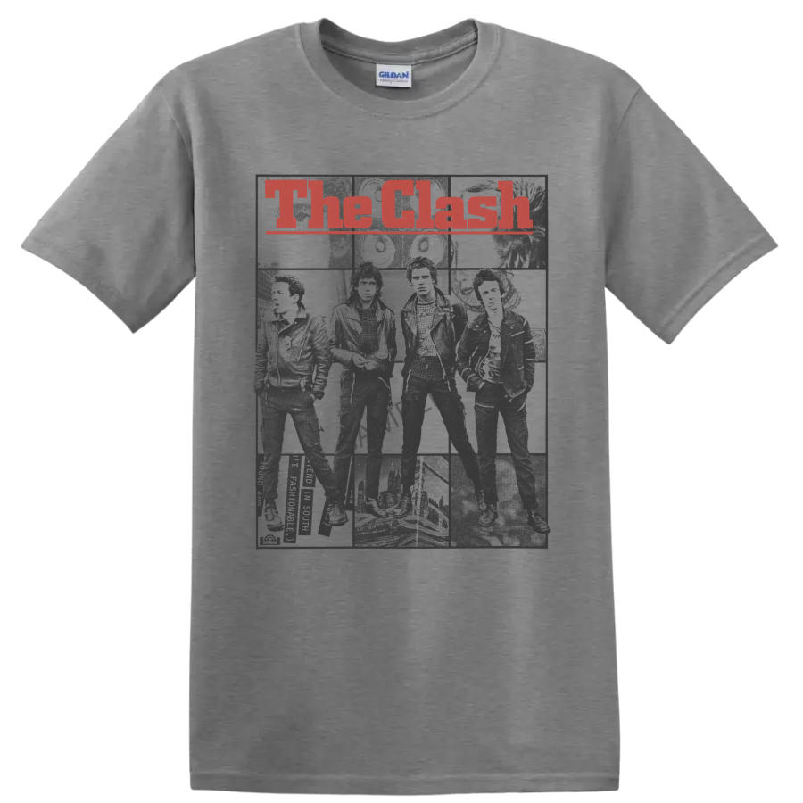 The Clash distressed red lettering over a gritty monochrome band collage on a Sport Grey T Shirt