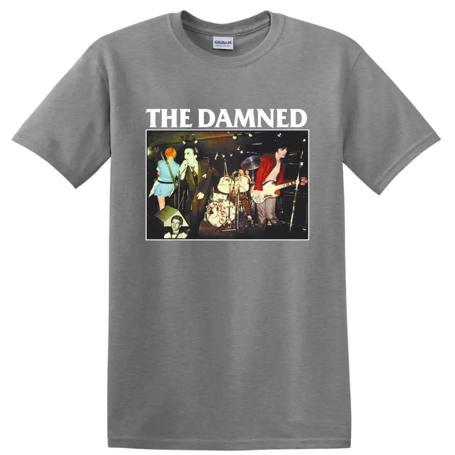 The Damned vintage punk rock live concert graphic with band lettering on a Sport Grey T Shirt