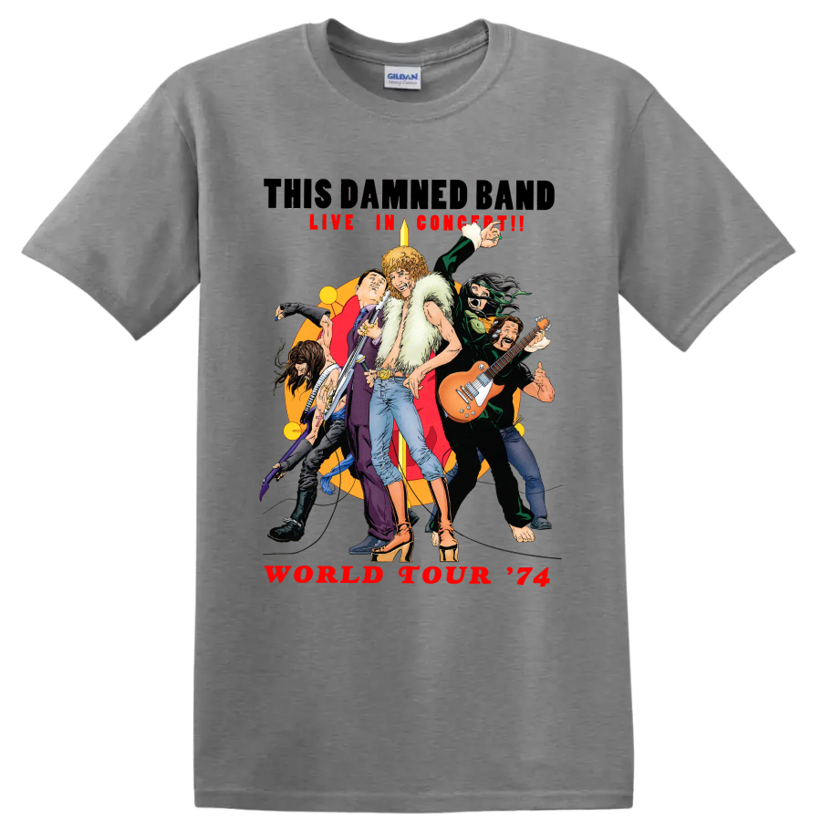 The Damned World Tour 74 vintage punk rock musicians graphic on a Sport Grey T Shirt