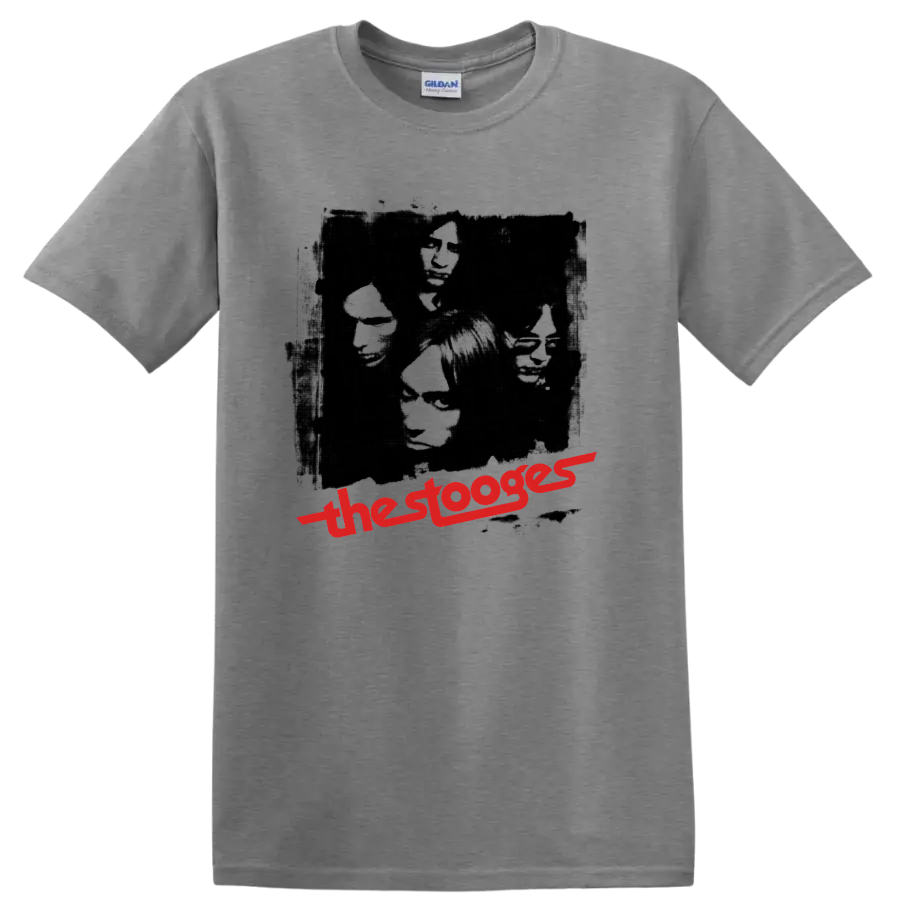The Stooges vintage punk rock portrait collage with red band lettering on a Sport Grey T Shirt