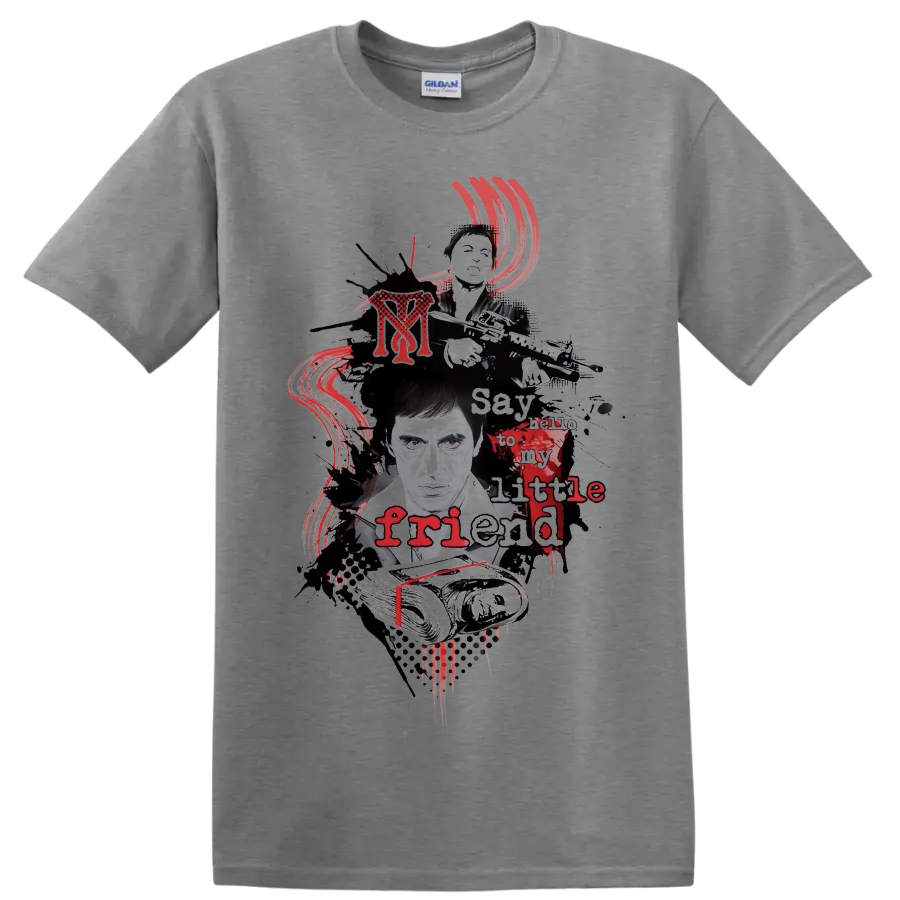 Scarface Tony Montana distressed collage graphic with red accents on a Sport Grey T Shirt