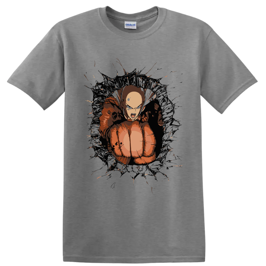 Saitama in a distressed anime action graphic from One-Punch Man on a Sport Grey T Shirt