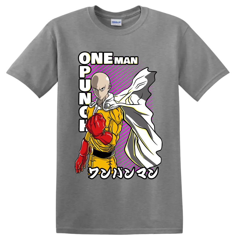 Saitama One-Punch Man action graphic with red glove, flowing cape, and magenta stripes on a Sport Grey T Shirt