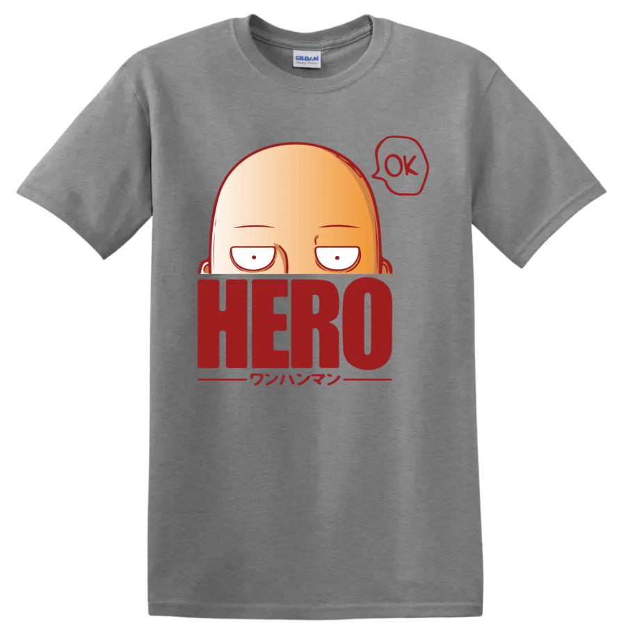 Saitama peeking over HERO lettering in a bold One-Punch Man cartoon graphic on a Sport Grey T Shirt