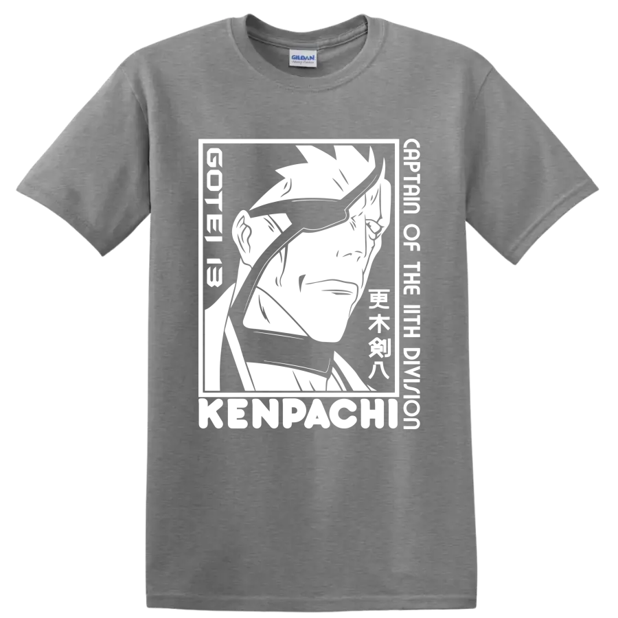 Kenpachi Zaraki black-and-white manga-style swordsman portrait graphic on a Sport Grey T Shirt