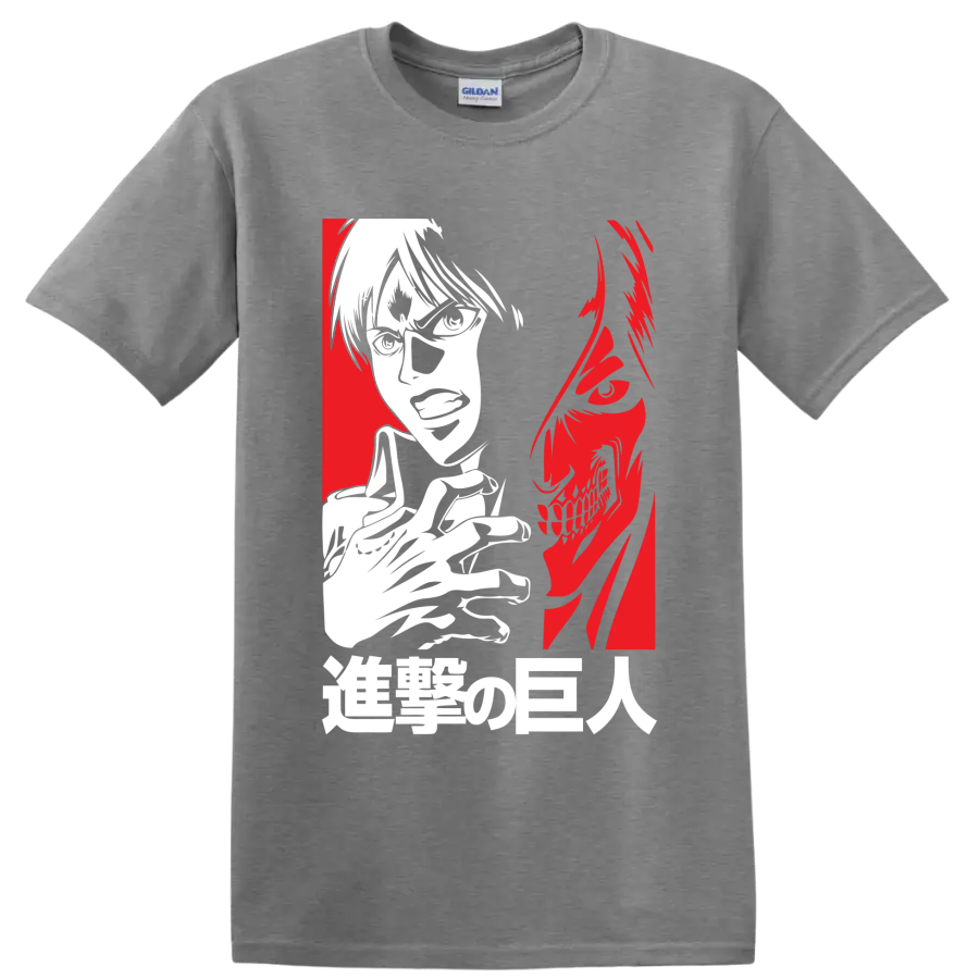 Eren Yeager and Attack Titan split-profile anime graphic on a Sport Grey T Shirt