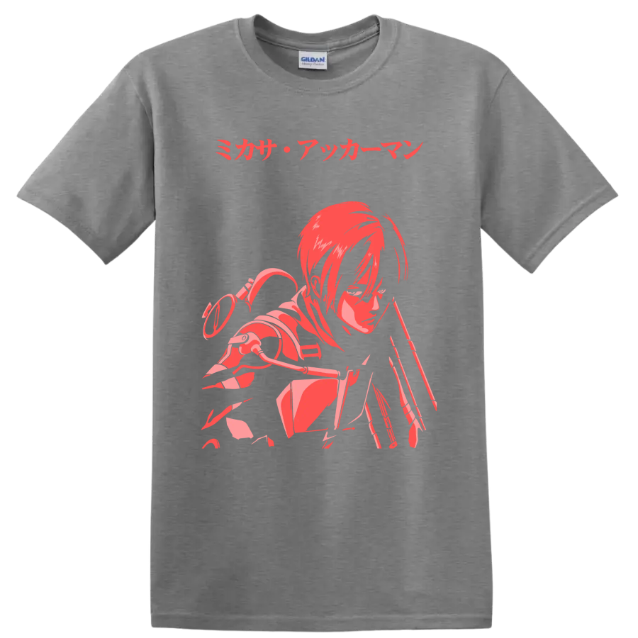 Mikasa Ackerman Attack on Titan red and pink anime action graphic with Japanese text on a Sport Grey T Shirt