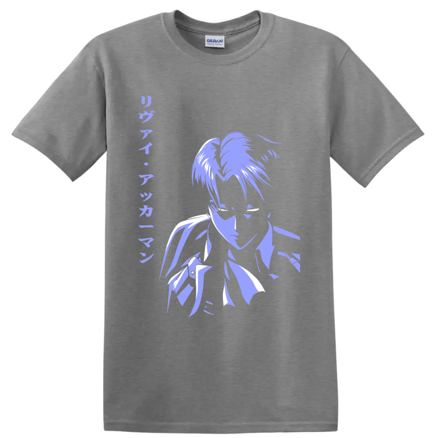 Levi Ackerman lavender and white manga-style portrait graphic from Attack on Titan on a Sport Grey T Shirt