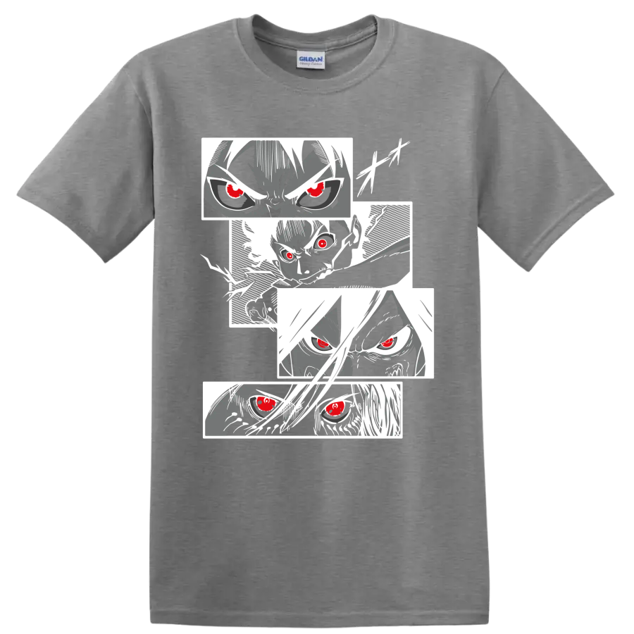 Eren Yeager Attack on Titan manga portrait collage with intense red-eyed faces on a Sport Grey T Shirt