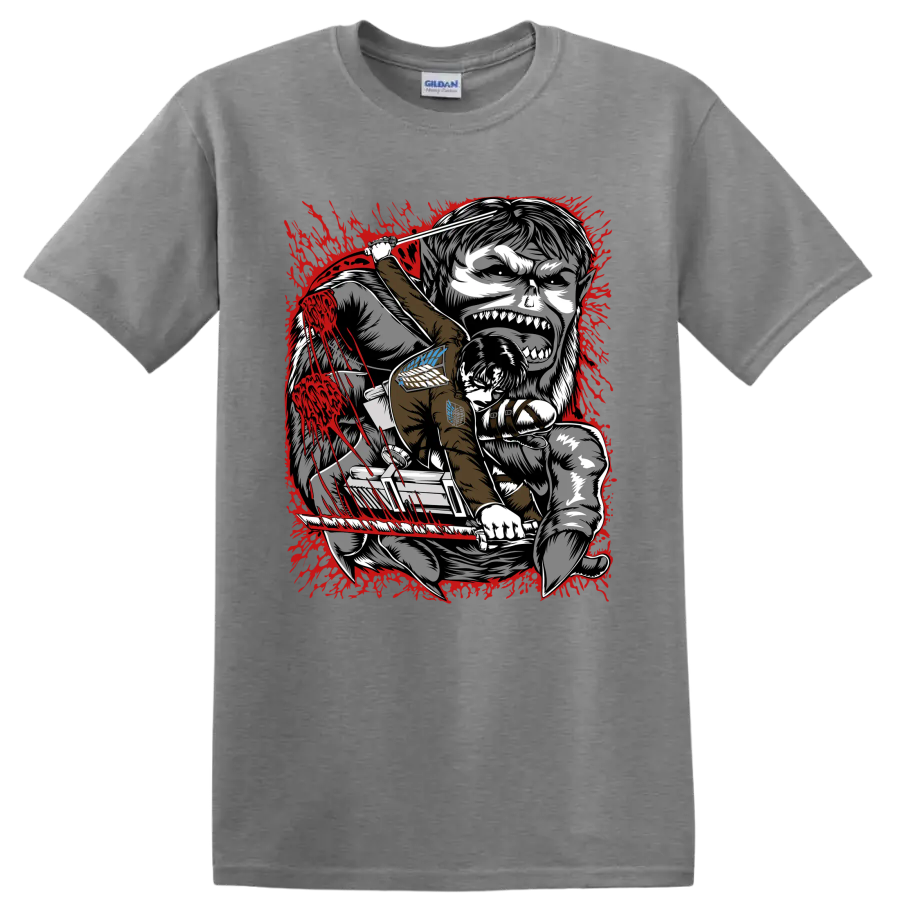 Levi Ackerman battling the Beast Titan in red splatter Attack on Titan manga art on a Sport Grey T Shirt