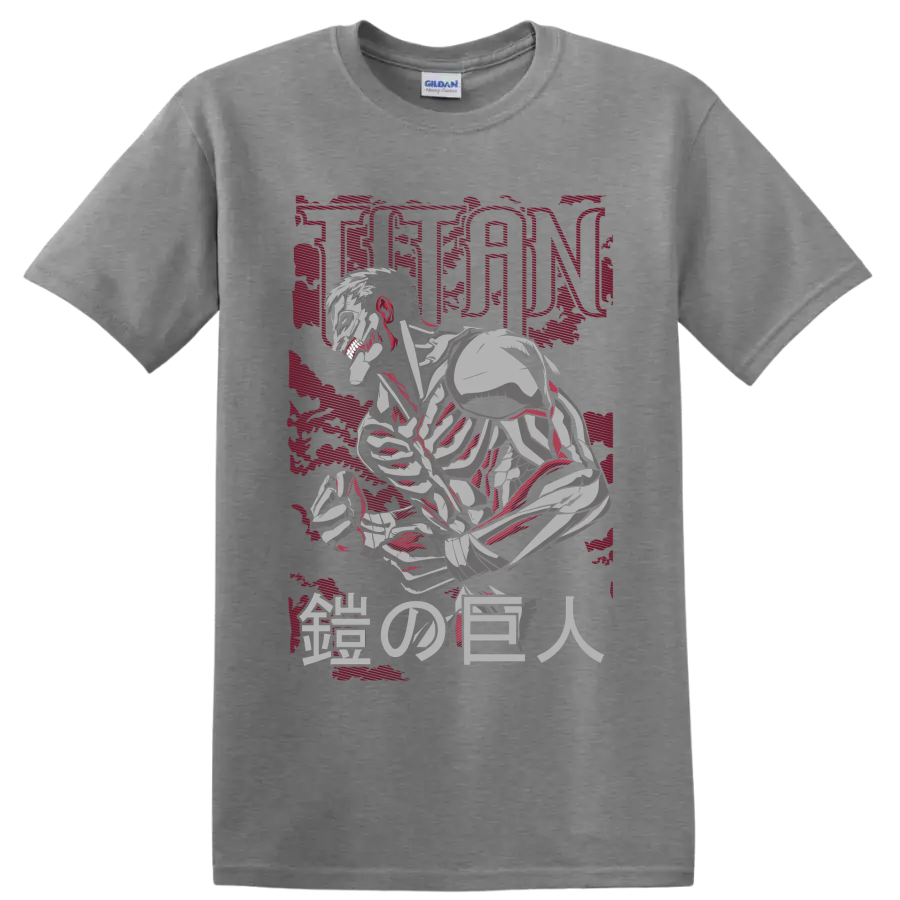 Armored Titan crouching in distressed manga art with TITAN and Japanese characters on a Sport Grey T Shirt