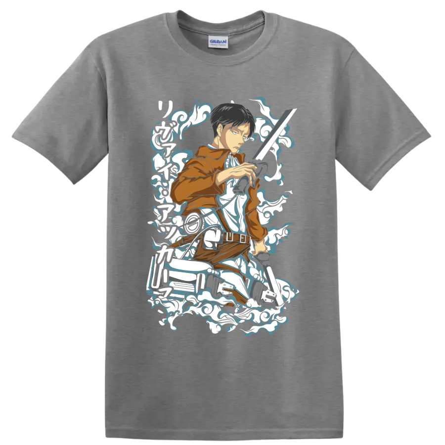Levi Ackerman Scout Regiment action graphic with blades and swirling smoke accents on a Sport Grey T Shirt
