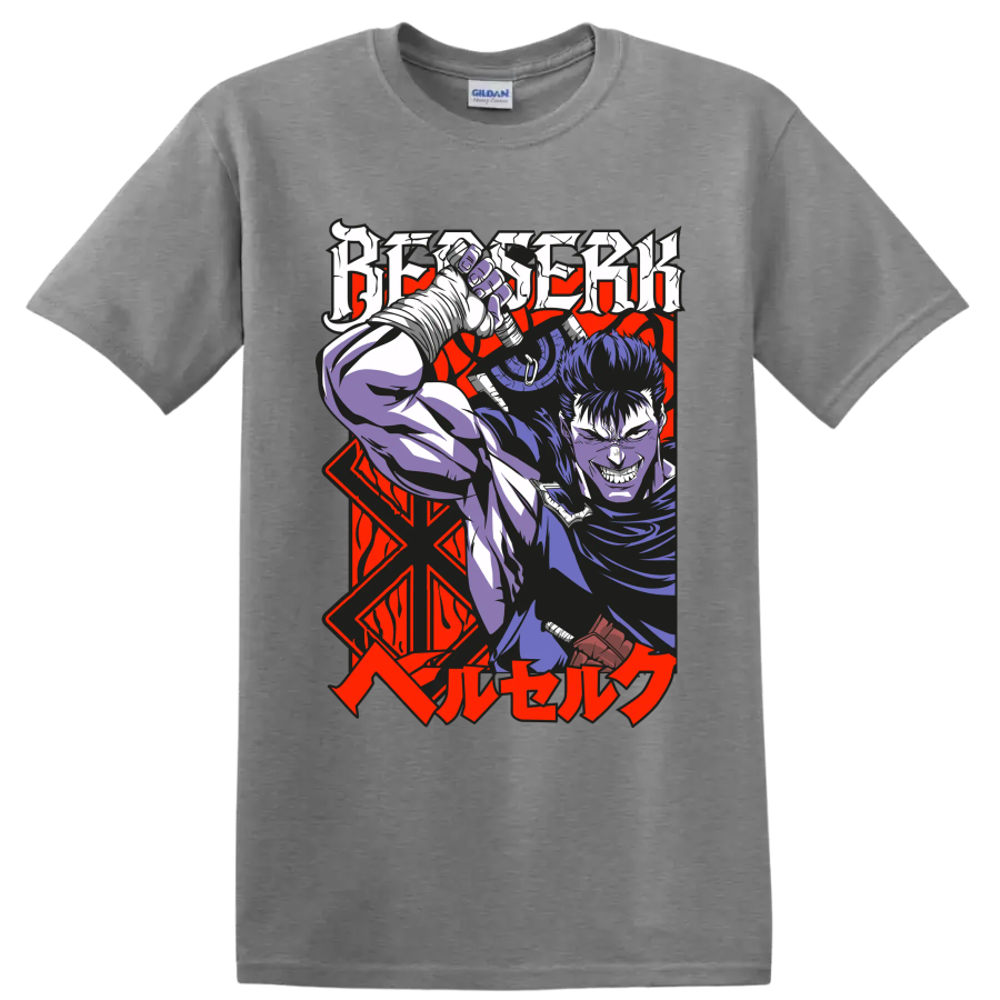 Guts from Berserk wielding a massive sword in bold gothic anime art on a Sport Grey T Shirt