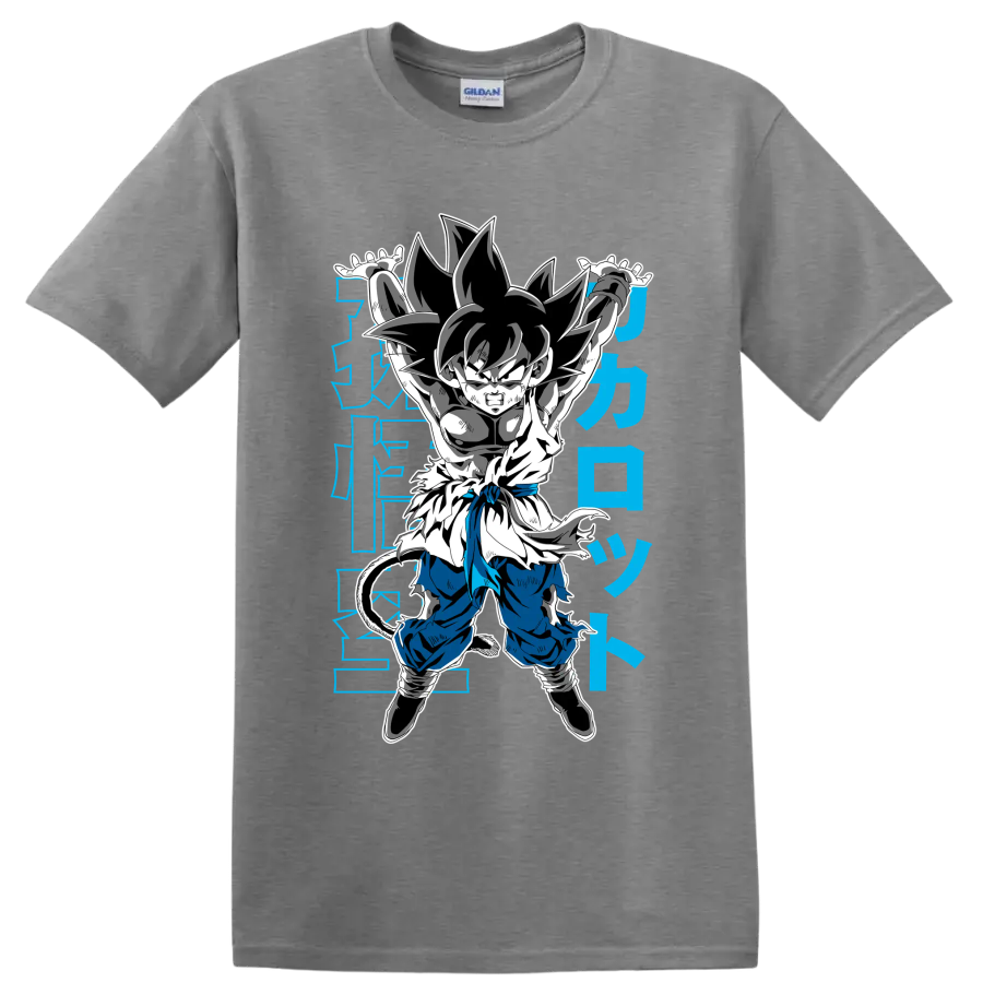 Kid Goku in a Genki Dama-inspired manga action pose with blue Japanese-style characters on a Sport Grey T Shirt