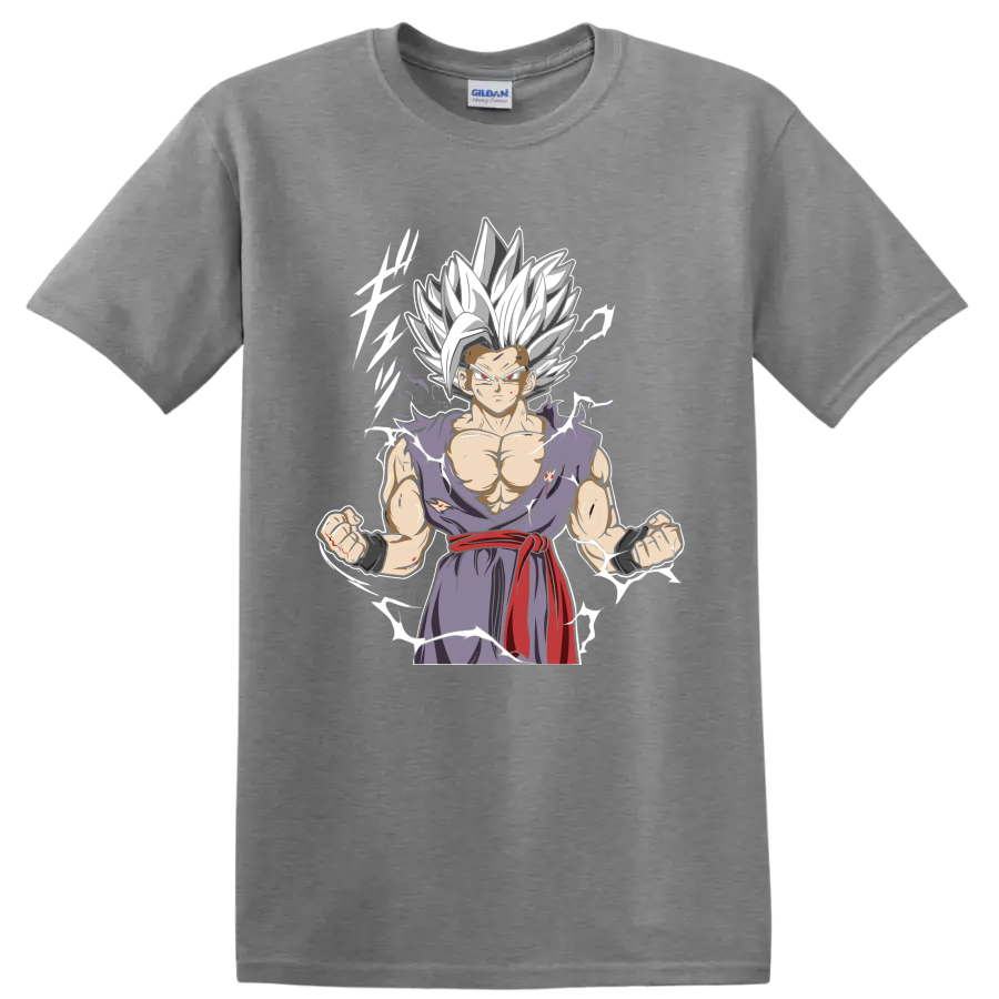 Gohan Beast anime graphic with white hair, torn purple gi, red sash, and energy accents on a Sport Grey T Shirt