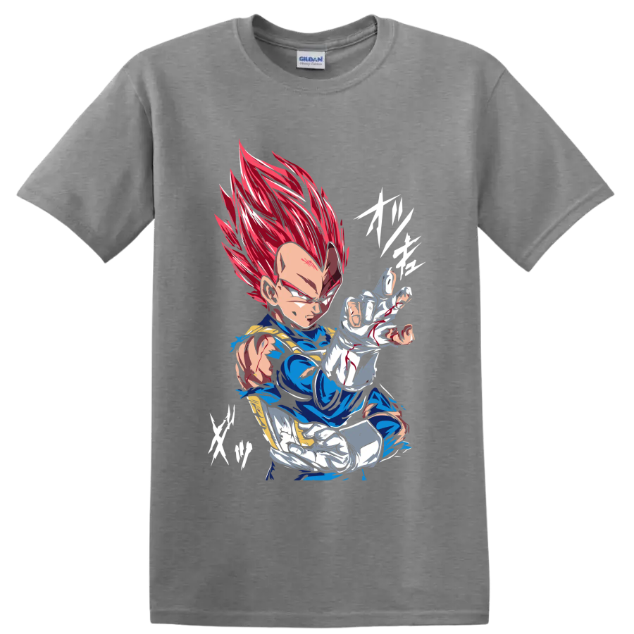 Vegeta Super Saiyan God in a fierce red-haired anime battle pose on a Sport Grey T Shirt