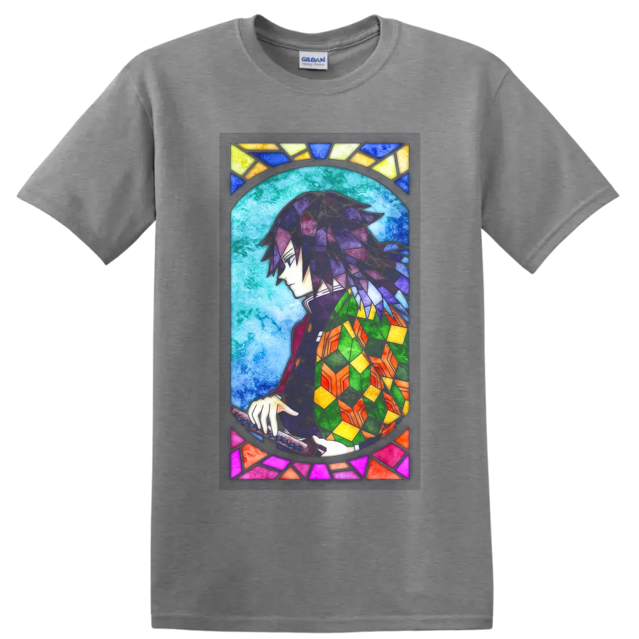 Giyu Tomioka stained-glass-style anime portrait with sword and colorful haori on a Sport Grey T Shirt